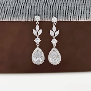 Pendientes de novia de cristal, plata, diseño floral, circonita cúbica, joyería nupcial