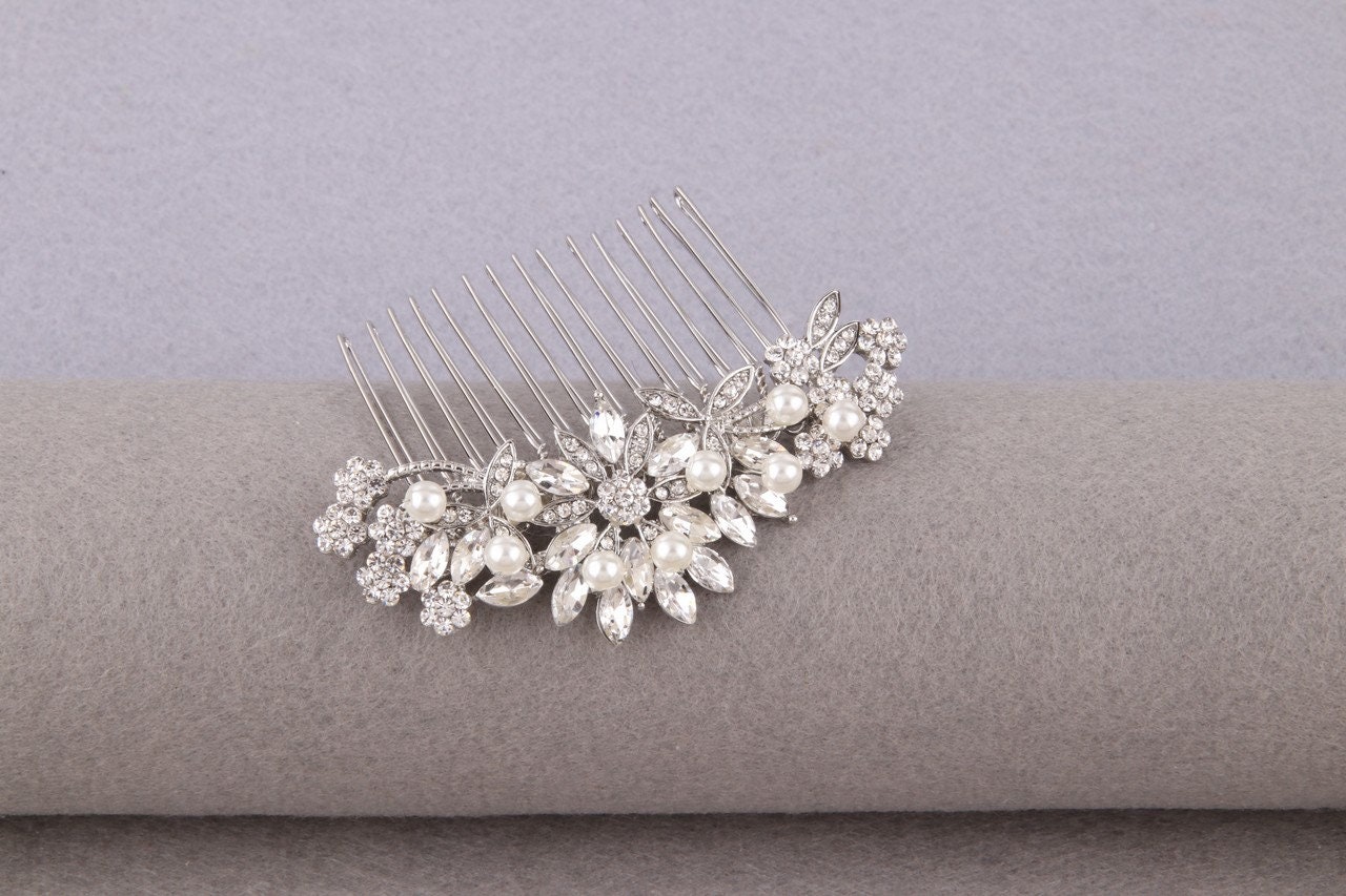 Crystal Pearl Bridal Hair Comb, Silver Wedding Hair Piece - Etsy
