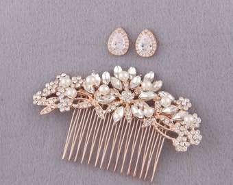 Bijoux de mariée Morceau de cheveux de mariée en or rose Peigne à cheveux en cristal Accessoires de cheveux de mariage Mariage de mariée Cadeau de douche nuptiale Pièce de tête de mariage