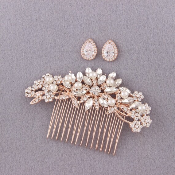 Rose Gold Pearl Crystal Bridal Hair Comb and CZ Earrings Set  display picture 1