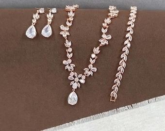 Rose Gold Wedding Jewelry Set, Boho Bridal Necklace Earrings, Crystal Bride Gift