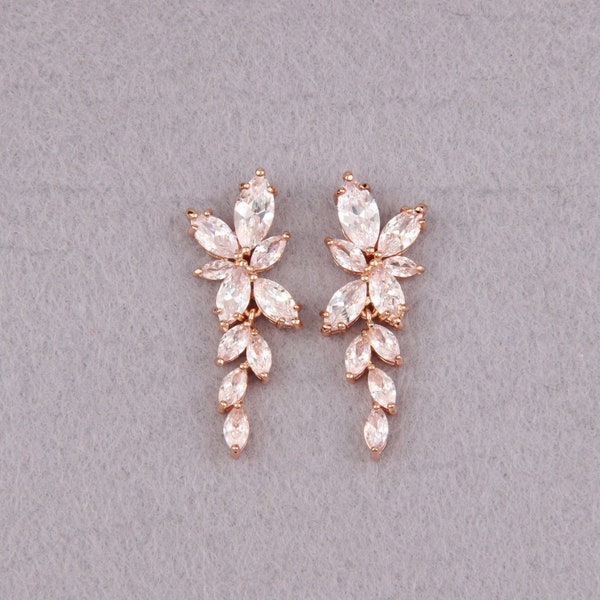 Crystal Bridal Earrings Rose Gold Bridesmaid Gift Leaf Cz Earrings For Wedding Jewelry Bridesmaid Gift Rose Gold Wedding Earrings