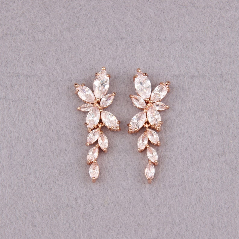 Crystal Bridal Earrings Rose Gold Bridesmaid Gift Leaf Cz Earrings For Wedding Jewelry Bridesmaid Gift Rose Gold Wedding Earrings