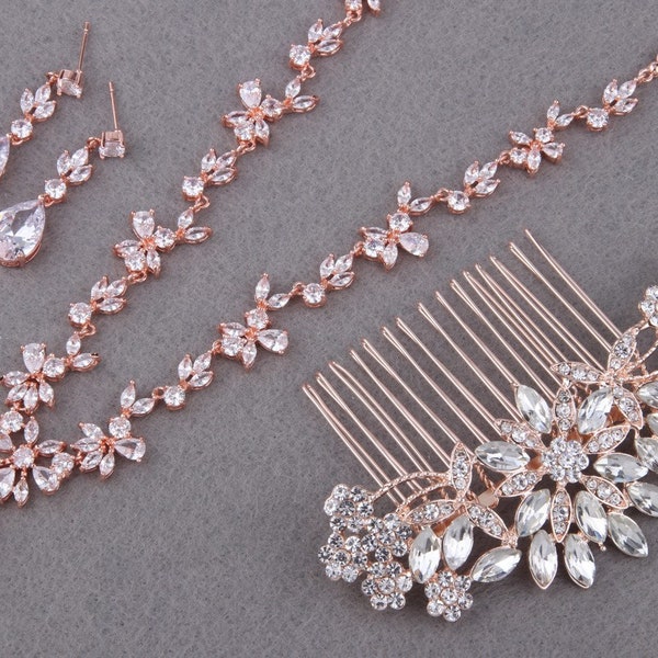 Bridal Jewelry Sets For Brides, Rose Gold Wedding Jewelry Sets, Crystal Necklace Earrings Bracelet Sets, Bridesmaids Jewelry Sets of 2 3