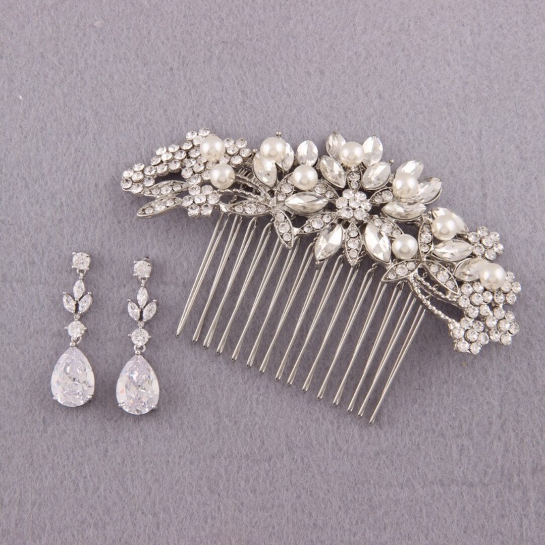 Silver Bridal Hair Piece and Bridal Earrings Set Wedding Etsy
