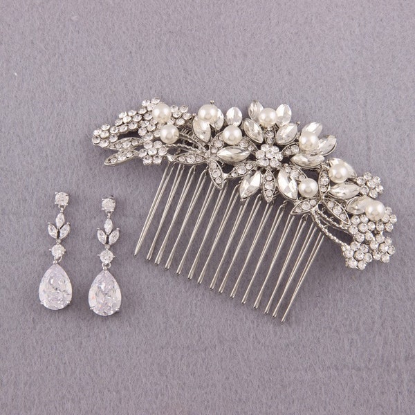 Silver bridal hair piece and bridal earrings set , wedding gifts crystal hair comb floral bridal headpiece cz drop earrings bridal jewelry