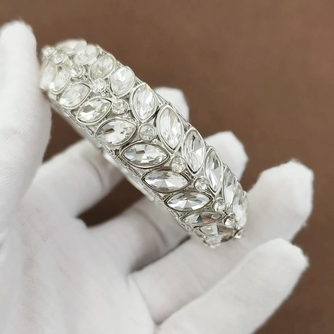 Silver Marquise Crystal Bridal Bracelet, Stretch Rhinestone  display picture 2