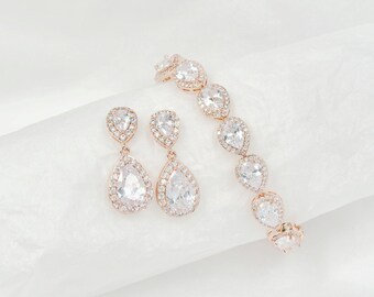 Ensemble de bijoux de mariée en cristal en forme de larme or rose
