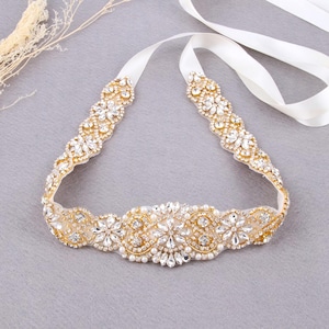 Gold Crystal Bridal Belt, Rhinestone Pearl Wedding Dress Sash