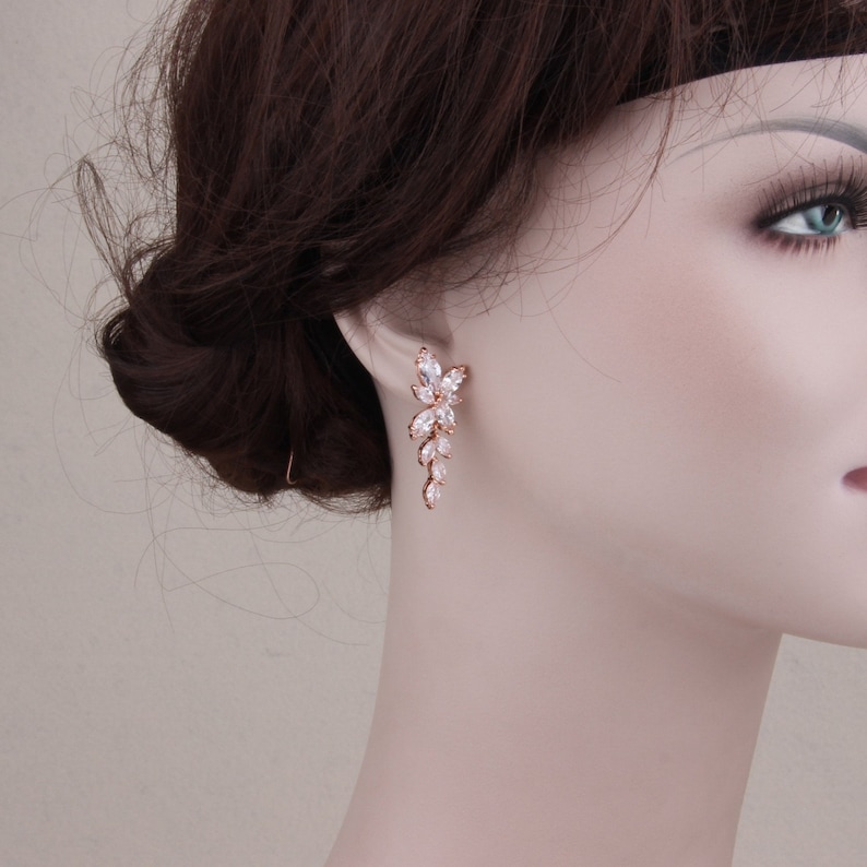 Crystal Bridal Earrings Rose Gold Bridesmaid Gift Leaf Cz Earrings For Wedding Jewelry Bridesmaid Gift Rose Gold Wedding Earrings