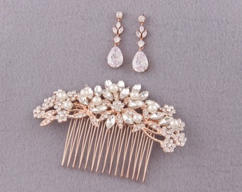 Rose Gold Bridal Hair Comb CZ Floral Earrings Crystal Pearl Set