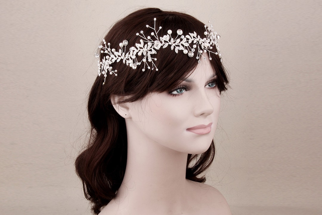 Silver Leaf Bridal Headband Rhinestone Pearl Wedding Hair  display picture 1