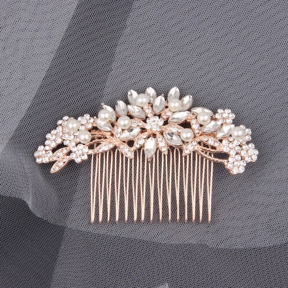 Rose Gold Pearl Crystal Floral Bridal Hair Comb - Etsy display picture 3