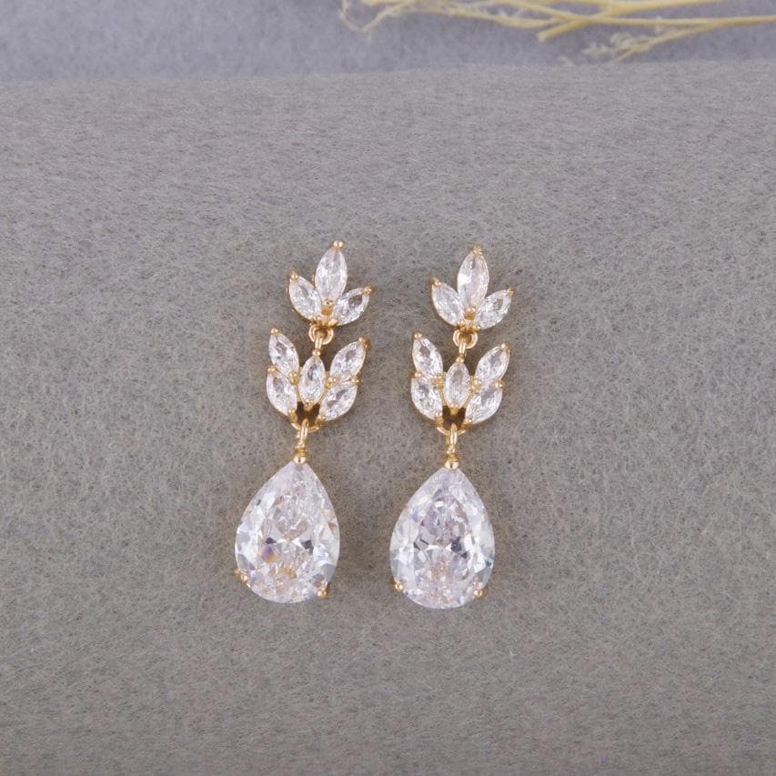 Floral Gold Bridesmaid Earrings Crystal Bridal Earrings, Cubic Zirconia Drop Boho Wedding Earrings, Bridesmaid Gifts Chandelier Earrings