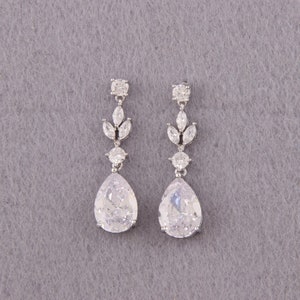Silver Tone CZ Floral Drop Earrings for Weddings and Special Occasions