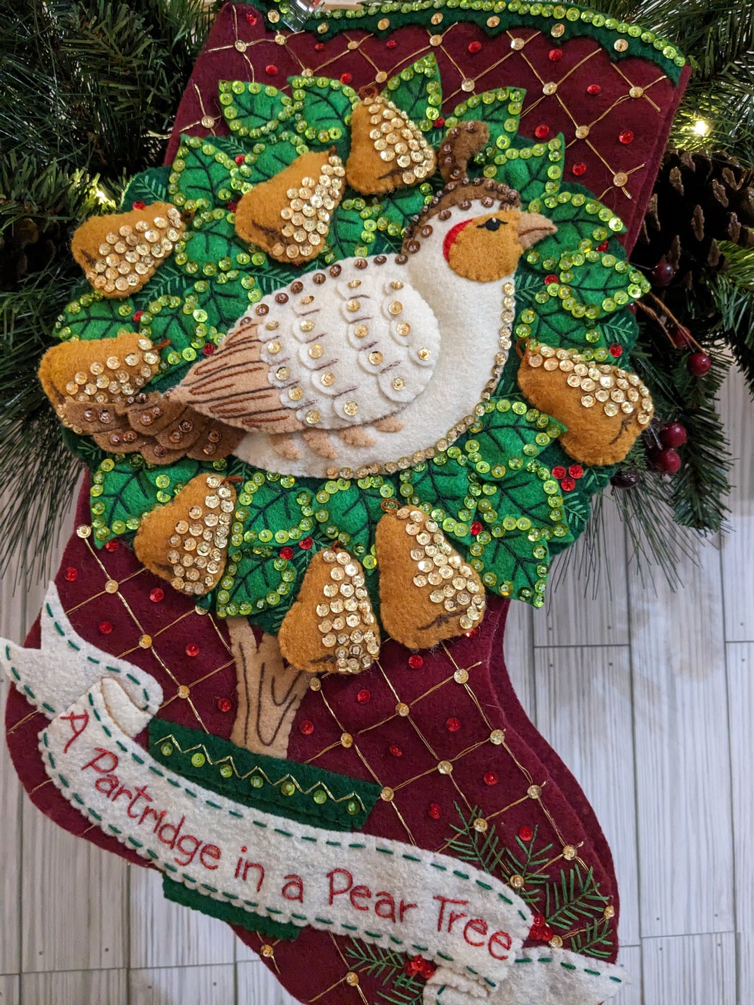 Handcrafted Partridge Christmas Stocking: Personalized Heirloom