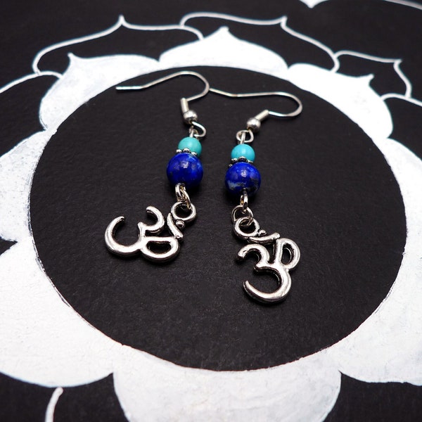 Tibetan Ohm symbol earrings with turquoise and Lapis lazuli beads, silver hooks