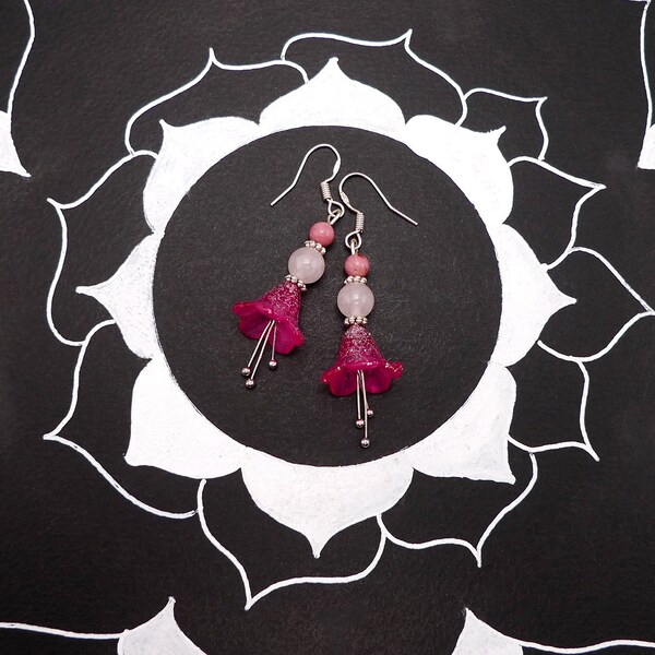 Glittery pink “fairy flower” earrings with Pink Quartz and Rhodonite