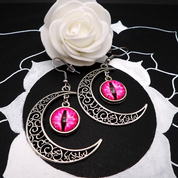 Silver moon earrings with arabesques and very bright pink cat's eye, original gift idea, for pierced ears