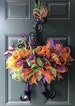 Halloween Witch Hat Wreath Halloween Wreath 22' Black Purple Green and Orange Ribbon Glittery Witch Hat Wreath Halloween Wreath