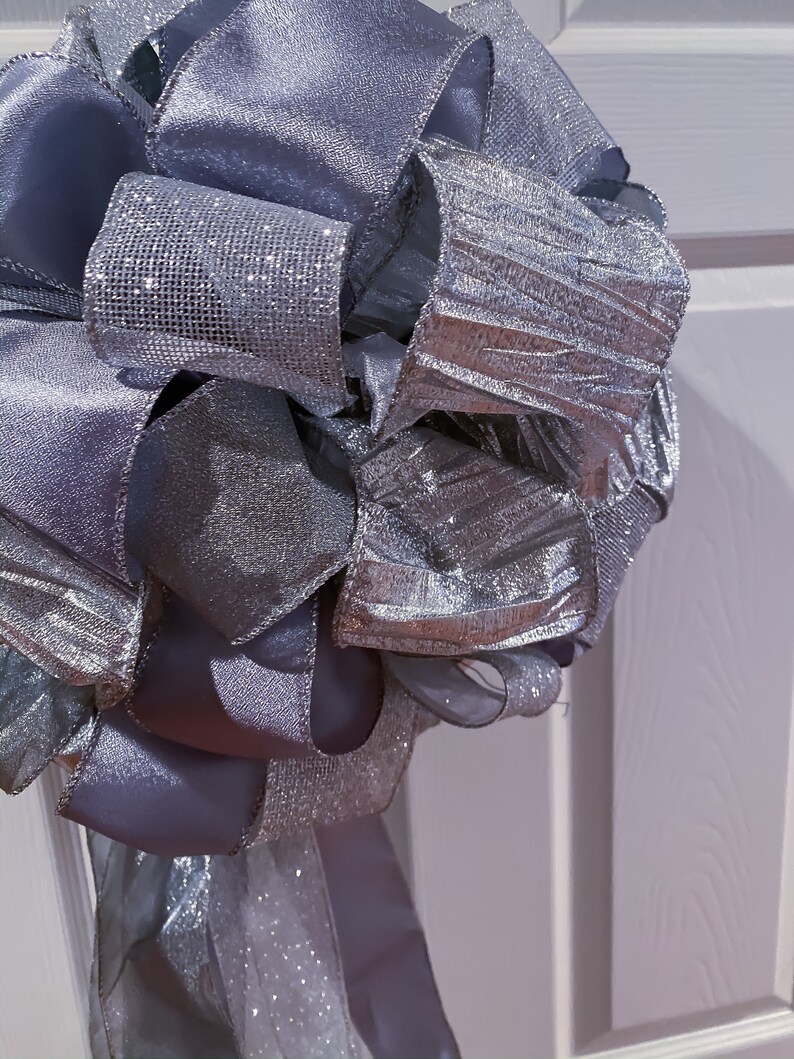 Christmas Tree Bow Topper Silver Glittered Extra Wide Ribbon Etsy