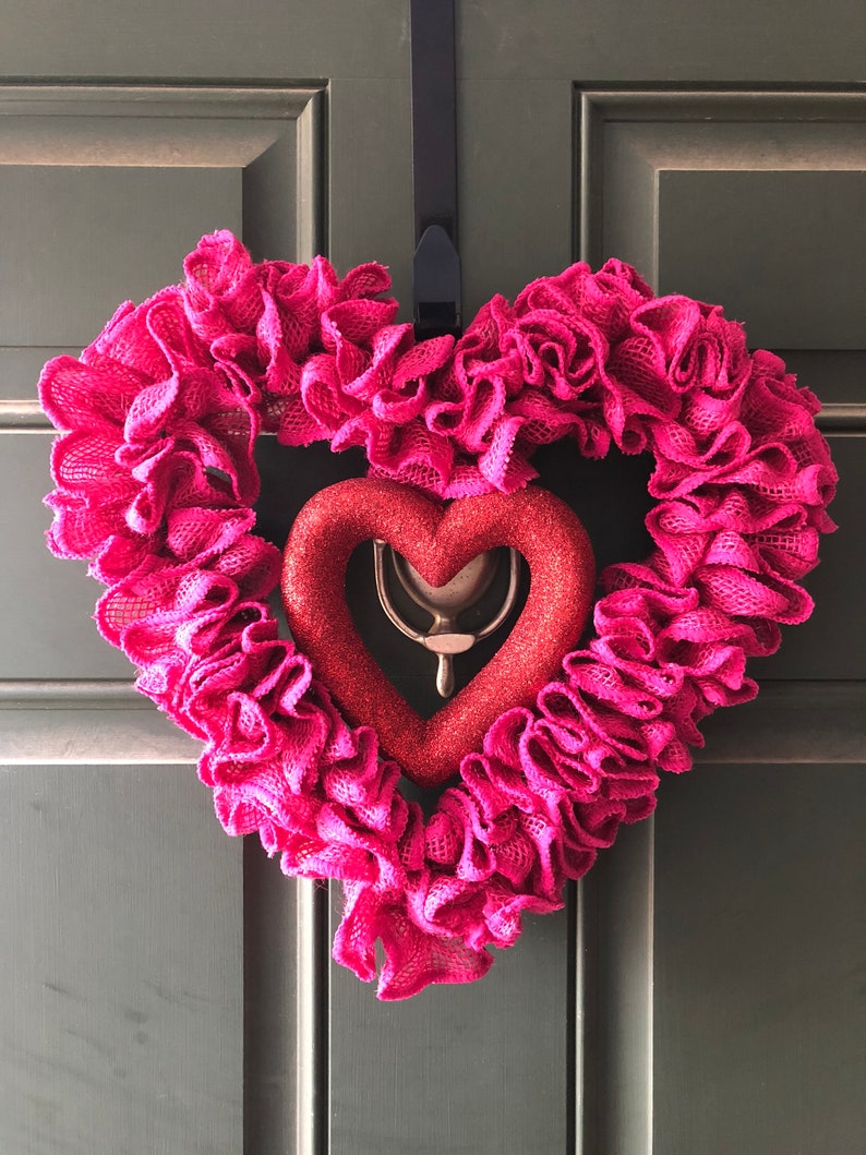 Heart Shaped Wreath Valentines Day Burlap Pink Burlap Glittery Etsy