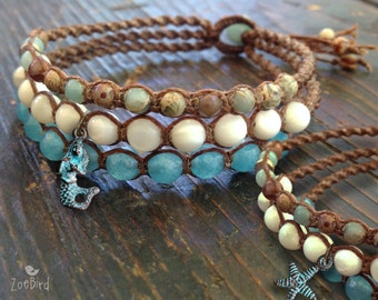 Mermaid or Starfish Beaded Macrame Bracelet – Charm Bracelet - Triple Wrap - Ocean Beach Jewelry