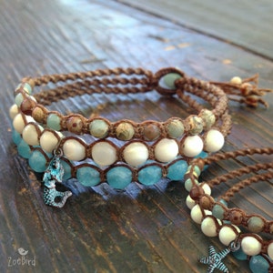 Mermaid or Starfish Beaded Macrame Bracelet – Charm Bracelet - Triple Wrap - Ocean Beach Jewelry