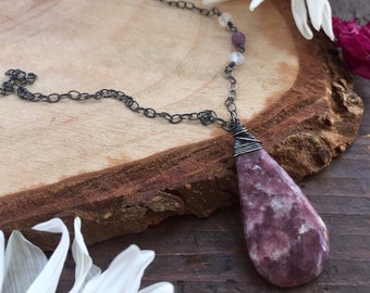 Lepidolite Gemstone Necklace - Oxidized Sterling Silver, Moonstone & Tourmaline