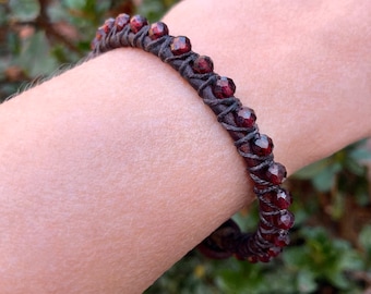 Garnet Bracelet, Garnet Wrap Bracelet, Leather Wrap Bracelet, Garnet Leather Bracelet, Garnet Jewelry, January Birthstone Bracelet