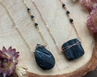 Raw Black Tourmaline Pendant Necklace – Healing Crystal Jewelry - Gold or Silver