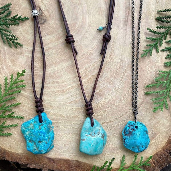 Turquoise Necklace - Turquoise Nugget Necklace - Turquoise Choker - Adjustable Leather Necklace - Leather Choker - Turquoise Pendant