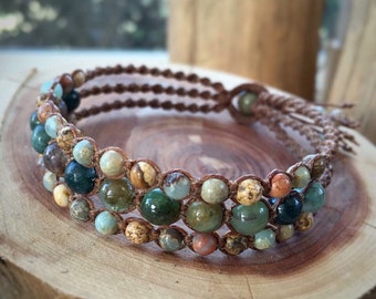 Indian Agate Bracelet - Green Wrap Bracelet - African Opal Bracelet - Earth Tone Bracelet - Natural Stone Bracelet - Macrame Jewelry