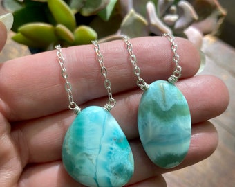 Larimar Stone Pendant Necklace – Sterling Silver - Calming Ocean Jewelry
