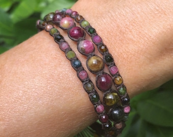 Tourmaline Bracelet - Tourmaline Wrap Bracelet - Tourmaline Jewelry - Yoga Jewelry - Pink and Green - Colorful Bracelet - Healing Crystals