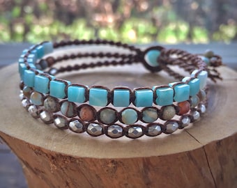 Amazonite Bracelet - Beach Bracelet - Blue Macrame Bracelet - Ocean Bracelet - Triple Wrap Bracelet - Macrame Jewelry - Boho Bracelet