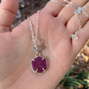 Raw Ruby Necklace - Ruby Necklace - Raw Stone Jewelry - Ruby Pendant - July Birthstone Necklace - Herkimer Diamond Necklace - Heart Chakra