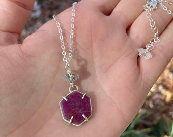 Raw Ruby Necklace - Ruby Necklace - Raw Stone Jewelry - Ruby Pendant - July Birthstone Necklace - Herkimer Diamond Necklace - Heart Chakra