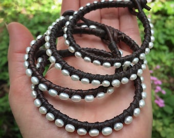 Pearl Wrap Bracelet - Pearl Leather Bracelet - Pearl Bracelet - Pearl Jewelry - Pearls and Leather - Everyday Bracelet - Mothers Day Gift