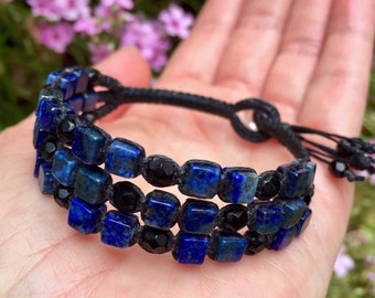 Lapis Bracelet - Blue Macrame Bracelet - Lapis Lazuli Bracelet - Blue and Black Bracelet - Blue Gemstone Bracelet - Lapis Jewelry