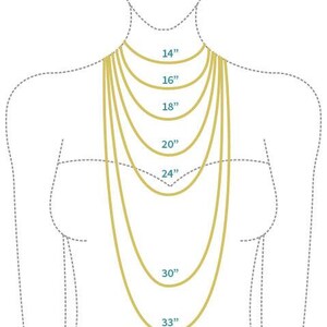 May include: Diagram showing different necklace lengths on a model, ranging from 14 inches to 33 inches.