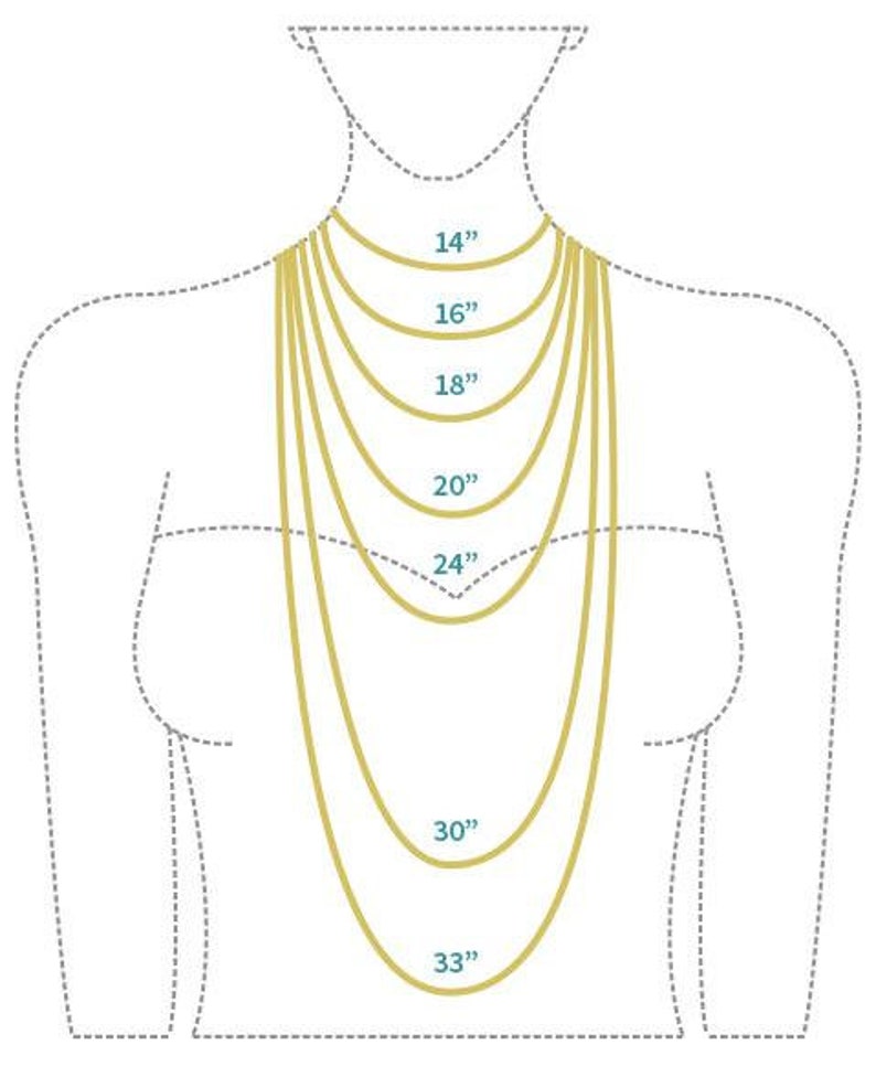 May include: Diagram showing different necklace lengths on a model, ranging from 14 inches to 33 inches.