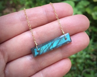 Labradorite Bar Necklace – Blue Flash Gemstone Pendant, Mixed Metal