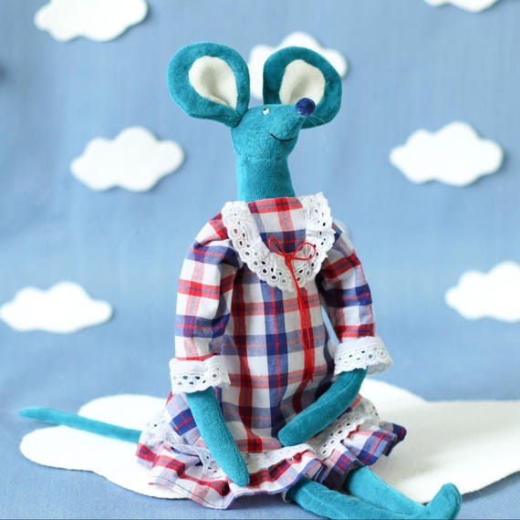 Teal Mouse Stuffed Animal, Handmade Fabric Doll With Lace Dress, Soft Plush Toy, Artisan Rag Doll, Unique Children's Decor, Heirloom Gift