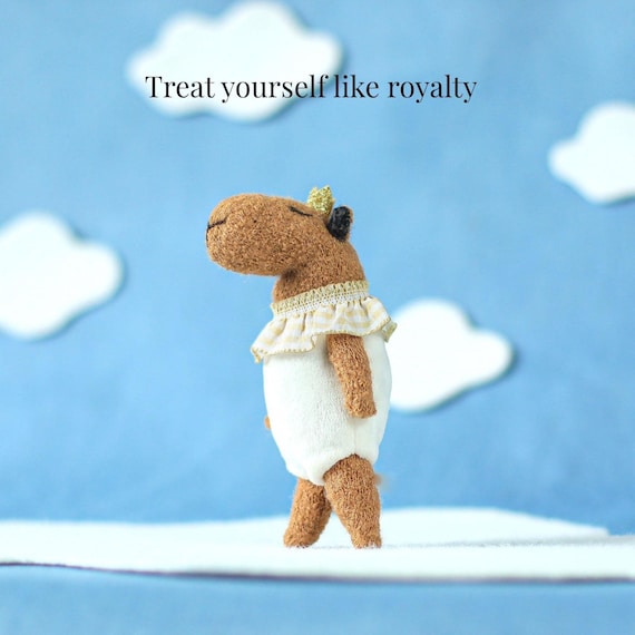 Capybara Stuffed Animal With Crown, Mini Wool Plush Toy, Handmade Sewn Soft Doll, Whimsical Nursery Decor, Cute Animal Figurine Gift
