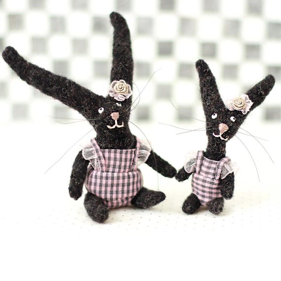 Black Bunny Family, Wool Rabbit, Fabric Animal Miniature, Soft Sculpture, Textile Nursery Decor, Heirloom Figurine, Mother and Daughter Toy