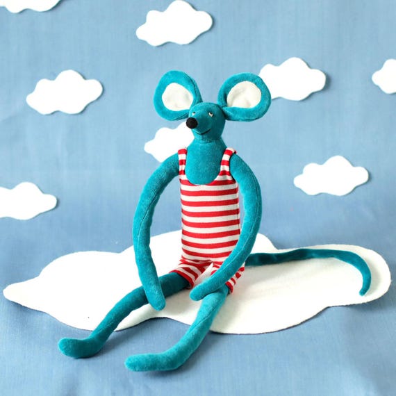 Teal Mouse Stuffed Animal, Handmade Velvet Plushie, Striped Romper Soft Toy, Whimsical Cloth Doll, Heirloom Baby Shower Gift, Nursery Decor