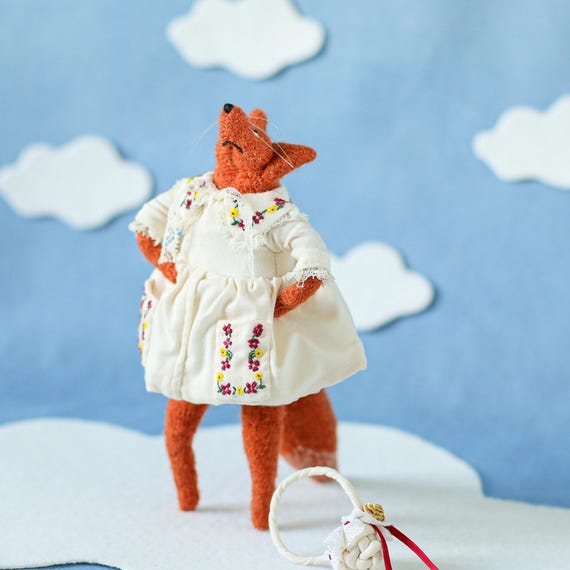Handmade Wool Fox Doll, Sewn Animal Figurine With Embroidered Lace Dress, Whimsical Fabric Sculpture, Miniature Dressed Creature, Art Doll