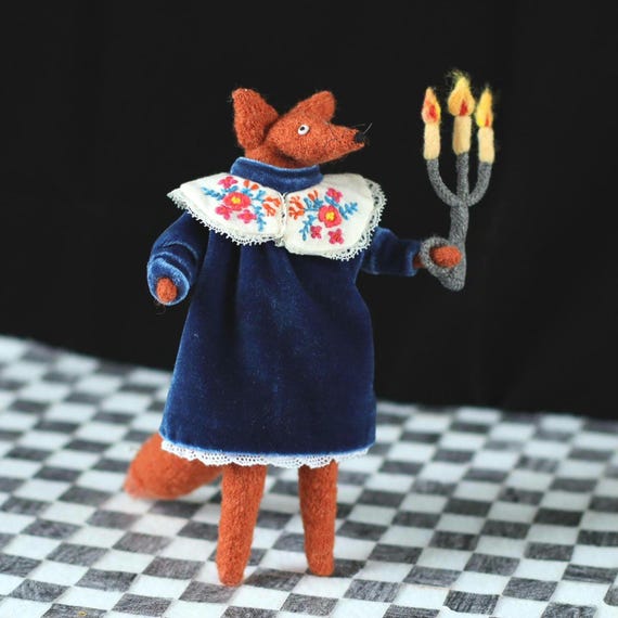 Handmade Wool Fox Doll in Blue Velvet Dress – Soft Sculpture Animal Toy, Woodland Collectible, Forest Animal Figurine, Gift for Fox Lovers