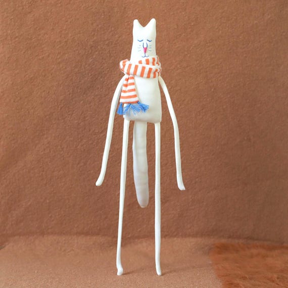 Long-Legged White Cat Plush with Striped Scarf – Handmade Jersey Fabric Doll, Quirky Soft Sculpture Gift for Cat Lovers and Collectors